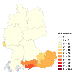 Relative Auftretenshäufigkeit von sich erwarten innerhalb der einzelnen Areale im Verhältnis zu erwarten (in %)