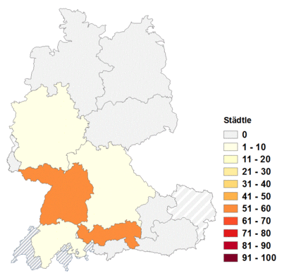 Relative Auftretenshäufigkeit von Städtle innerhalb der einzelnen Areale im Verhältnis zu Städtchen und Städtli (in %)