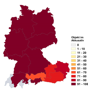 Relative Auftretenshäufigkeit von vergessen mit Akkusativobjekt innerhalb der einzelnen Areale im Verhältnis zu vergessen mit Präpositionalobjekt mit auf (in %)