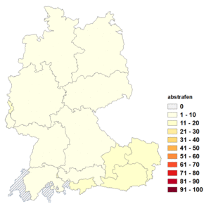 Relative Auftretenshäufigkeit von abstrafen innerhalb der einzelnen Areale im Verhältnis zu bestrafen (in %)