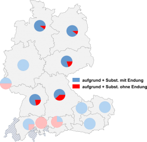 Relative Auftretenshäufigkeit von aufgrund + Substantiv mit Endung -(e)s / aufgrund + Substantiv ohne Endung -(e)s innerhalb der einzelnen Areale