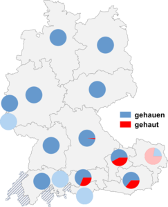 Relative Auftretenshäufigkeit von gehauen / gehaut innerhalb der einzelnen Areale