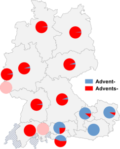 Relative Auftretenshäufigkeit von Advent- / Advents- innerhalb der einzelnen Areale