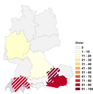 Relative Auftretenshäufigkeit von Dreier innerhalb der einzelnen Areale im Verhältnis zu Drei (in %)