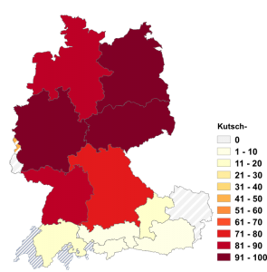 Relative Auftretenshäufigkeit von Kutsch- innerhalb der einzelnen Areale im Verhältnis zu Kutschen- (in %)