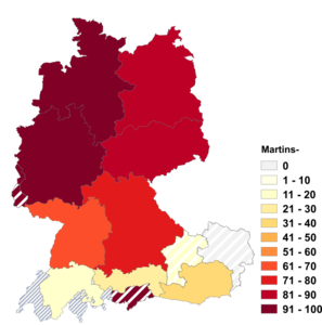 Relative Auftretenshäufigkeit von Martins- innerhalb der einzelnen Areale im Verhältnis zu Martini- (in %)
