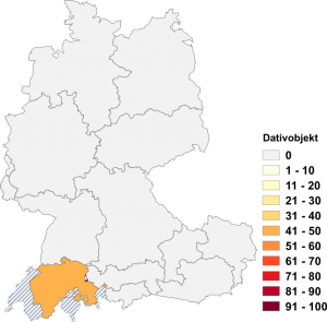 Relative Auftretenshäufigkeit von Sorge tragen mit Dativobjekt innerhalb der einzelnen Areale im Verhältnis zu Sorge tragen mit zu (in %)