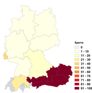 Relative Auftretenshäufigkeit von Sperre innerhalb der einzelnen Areale im Verhältnis zu Sperrung (in %)
