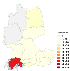 Relative Auftretenshäufigkeit der untrennbaren Verwendungsweise innerhalb der einzelnen Areale im Verhältnis zur trennbaren Verwendungsweise (in %)