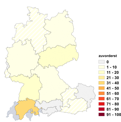 Relative Auftretenshäufigkeit von zuvorderst innerhalb der einzelnen Areale im Verhältnis zum Gesamtvorkommen in allen Arealen (in %)