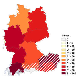 Relative Auftretenshäufigkeit von Adress- innerhalb der einzelnen Areale im Verhältnis zu Adressen- (in %)