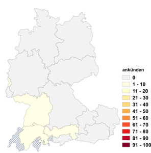 Relative Auftretenshäufigkeit von ankünden innerhalb der einzelnen Areale im Verhältnis zu ankündigen (in %)