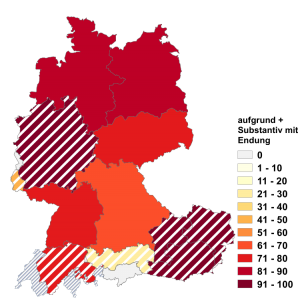 Relative Auftretenshäufigkeit von aufgrund + Substantiv mit Endung -(e)s innerhalb der einzelnen Areale im Verhältnis zu aufgrund + Substantiv ohne Endung -(e)s (in %)