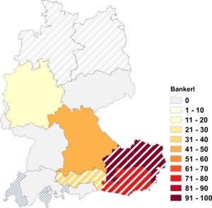 Relative Auftretenshäufigkeit von Bankerl innerhalb der einzelnen Areale im Verhältnis zu Bänkchen, Bänkle und Bänkli (in %)