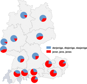 Relative Auftretenshäufigkeit von derjenige, diejenige, dasjenige / jener, jene, jenes innerhalb der einzelnen Areale