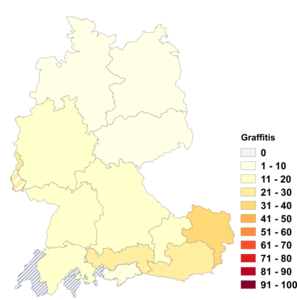 Relative Auftretenshäufigkeit von Graffitis innerhalb der einzelnen Areale im Verhältnis zu Graffiti (in %)
