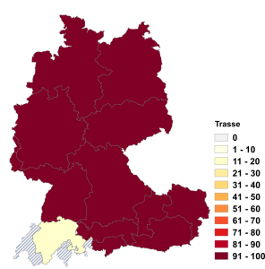 Relative Auftretenshäufigkeit von Trasse innerhalb der einzelnen Areale im Verhältnis zu Trassee (in %)