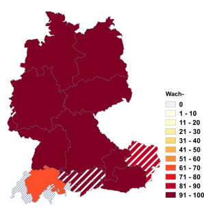 Relative Auftretenshäufigkeit von Wach- innerhalb der einzelnen Areale im Verhältnis zu Wacht- (in %)