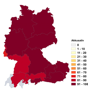 Relative Auftretenshäufigkeit von darstellen mit Akkusativobjekt innerhalb der einzelnen Areale im Verhältnis zu darstellen mit prädikativem Nominativ (in %)