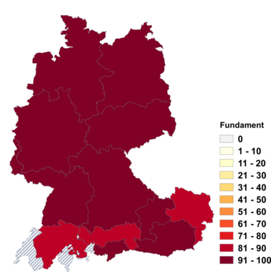 Relative Auftretenshäufigkeit von Fundament innerhalb der einzelnen Areale im Verhältnis zu Fund(ament)ierung und Fundation (in %)