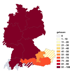 Relative Auftretenshäufigkeit von gehauen innerhalb der einzelnen Areale im Verhältnis zu gehaut (in %)
