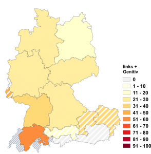 Relative Auftretenshäufigkeit von links + Genitiv innerhalb der einzelnen Areale im Verhältnis zu links + von + Dativ (in %)