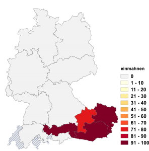 Relative Auftretenshäufigkeit von einmahnen innerhalb der einzelnen Areale im Verhältnis zu anmahnen (in %)