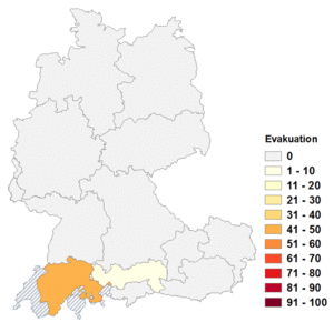 Relative Auftretenshäufigkeit von Evakuation innerhalb der einzelnen Areale im Verhältnis zu Evakuierung (in %)