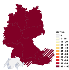 Relative Auftretenshäufigkeit von die Tram innerhalb der einzelnen Areale im Verhältnis zu das Tram (in %)