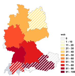 Relative Auftretenshäufigkeit von wob innerhalb der einzelnen Areale im Verhältnis zu webte (in %)