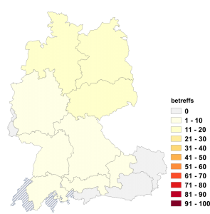 Relative Auftretenshäufigkeit von betreffs innerhalb der einzelnen Areale im Verhältnis zu betreffend (in %)