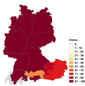 Relative Auftretenshäufigkeit von Diebes- innerhalb der einzelnen Areale im Verhältnis zu Diebs- (in %)