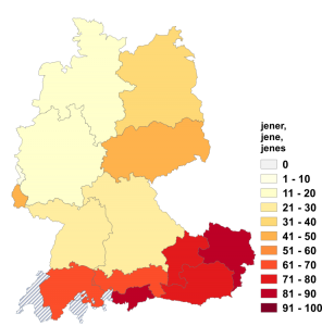 Relative Auftretenshäufigkeit von jener, jene, jenes innerhalb der einzelnen Areale im Verhältnis zu derjenige, diejenige, dasjenige (in %)