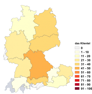 Relative Auftretenshäufigkeit von das Klientel innerhalb der einzelnen Areale im Verhältnis zu die Klientel (in %)