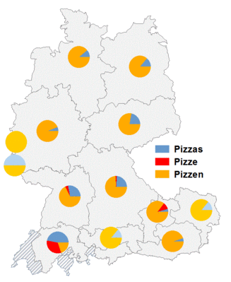Relative Auftretenshäufigkeit von Pizzas / Pizze / Pizzen innerhalb der einzelnen Areale