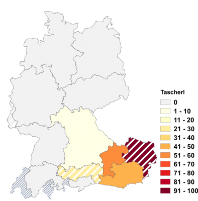 Relative Auftretenshäufigkeit von Tascherl innerhalb der einzelnen Areale im Verhältnis zu Täschchen und Täschli (in %)