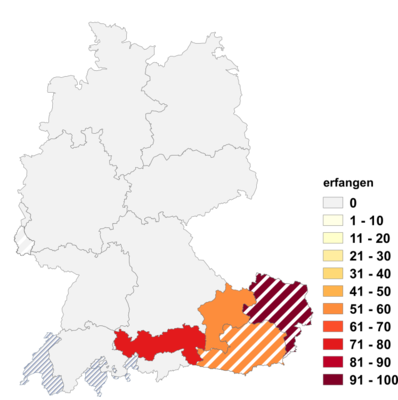 Relative Auftretenshäufigkeit von erfangen innerhalb der einzelnen Areale im Verhältnis zu auffangen und fangen (in %)