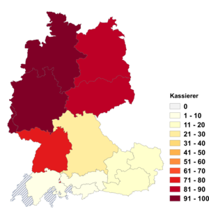 Relative Auftretenshäufigkeit von Kassierer innerhalb der einzelnen Areale im Verhältnis zu Kassier (in %)