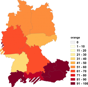 Relative Auftretenshäufigkeit von orange innerhalb der einzelnen Areale im Verhältnis zu orangen (in %)