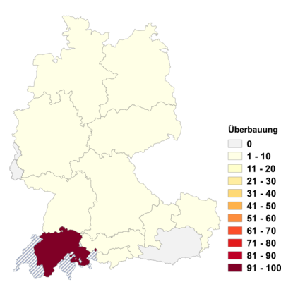 Relative Auftretenshäufigkeit von Überbauung innerhalb der einzelnen Areale im Verhältnis zu Bebauung und Verbauung (in %)