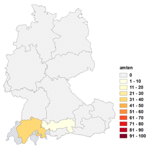 Relative Auftretenshäufigkeit von amten innerhalb der einzelnen Areale im Verhältnis zu amtieren (in %)