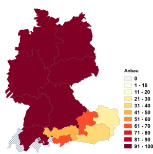 Relative Auftretenshäufigkeit von Anbau innerhalb der einzelnen Areale im Verhältnis zu Zubau (in %)