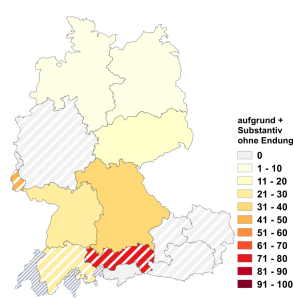 Relative Auftretenshäufigkeit von aufgrund + Substantiv ohne Endung -(e)s innerhalb der einzelnen Areale im Verhältnis zu aufgrund + Substantiv mit Endung -(e)s (in %)