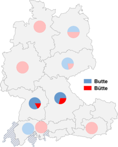 Relative Auftretenshäufigkeit von Butte / Bütte innerhalb der einzelnen Areale