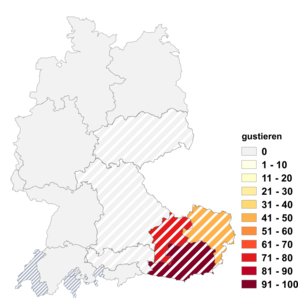 Relative Auftretenshäufigkeit von gustieren innerhalb der einzelnen Areale im Verhältnis zu degustieren (in %)