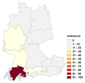 Relative Auftretenshäufigkeit von Unterbruch innerhalb der einzelnen Areale im Verhältnis zu Unterbrechung (in %)