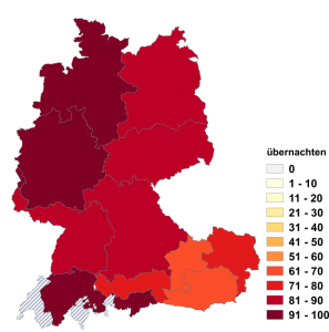 Relative Auftretenshäufigkeit von übernachten innerhalb der einzelnen Areale im Verhältnis zu nächtigen (in %)
