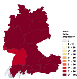 Relative Auftretenshäufigkeit von wo- + Dativpräposition innerhalb der einzelnen Areale im Verhältnis zu Dativpräposition + was (in %)