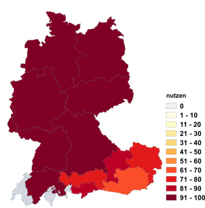 Relative Auftretenshäufigkeit von nutzen innerhalb der einzelnen Areale im Verhältnis zu nützen (in %)