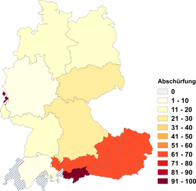 Relative Auftretenshäufigkeit von Abschürfung innerhalb der einzelnen Areale im Verhältnis zu Schürfung und Schürfwunde (in %)